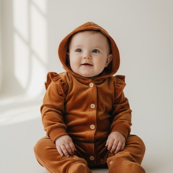 RZ by Rachel Zoe Baby Girl Velvet Romper 3-6M Rust Ruffle Hoodie - Picture 1 of 8